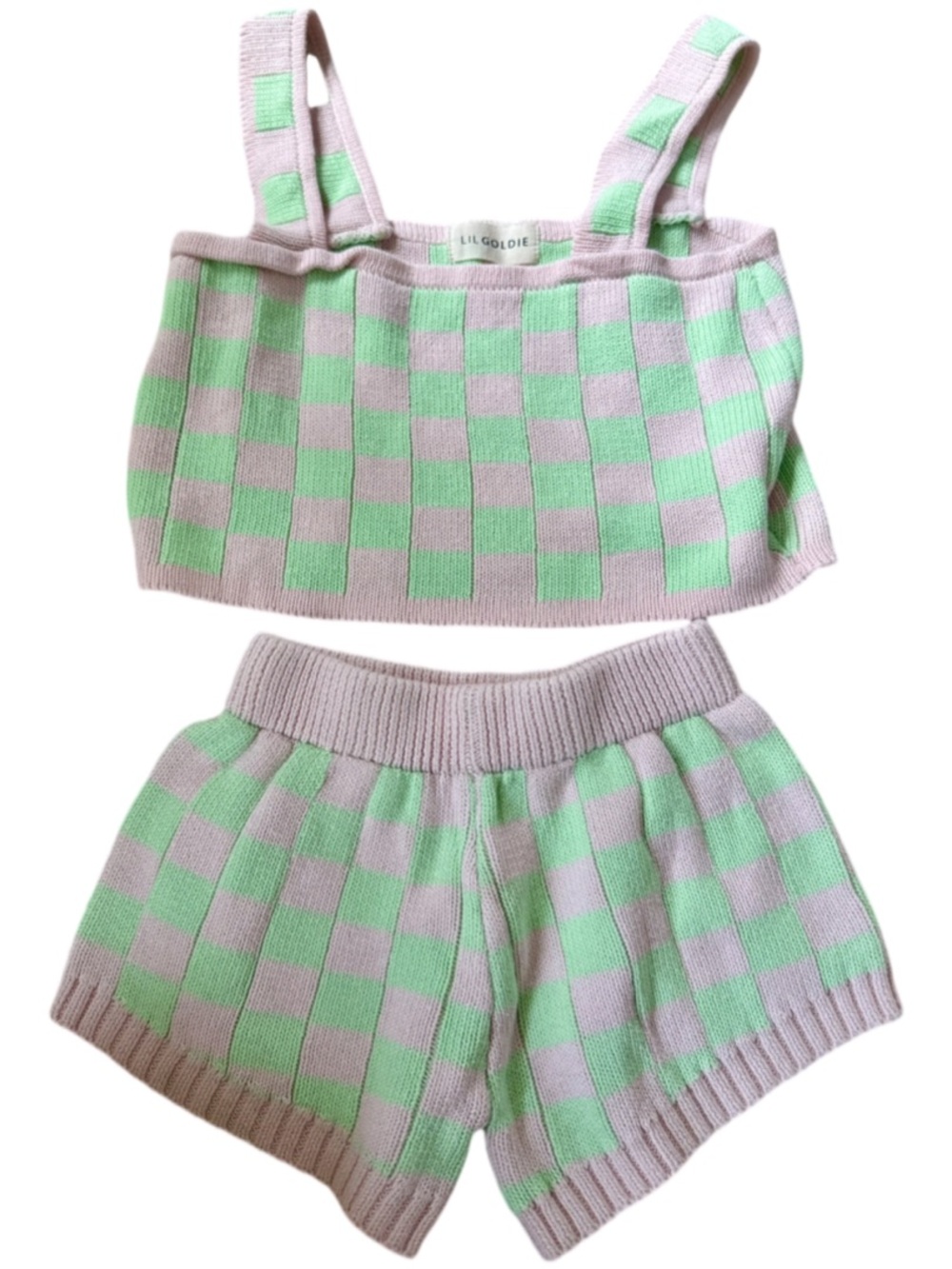 Lil Goldie Sofi Check Knit Set in Pink and Mint
